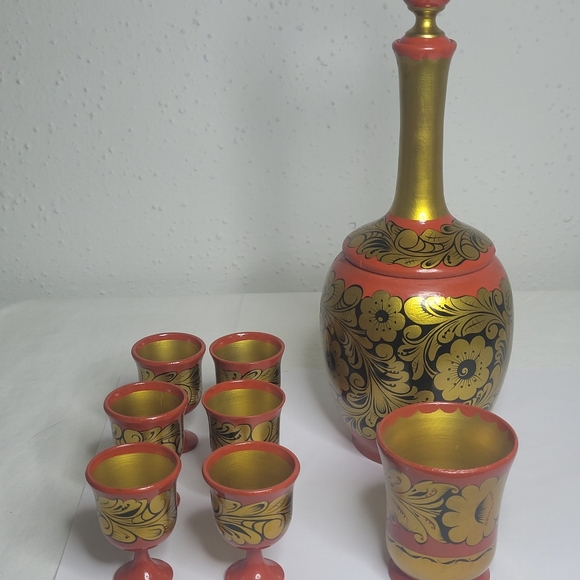 Vintage Russian Khokhloma wood set Vodka bottel 6 goblets one water gobl… - Picture 8 of 16